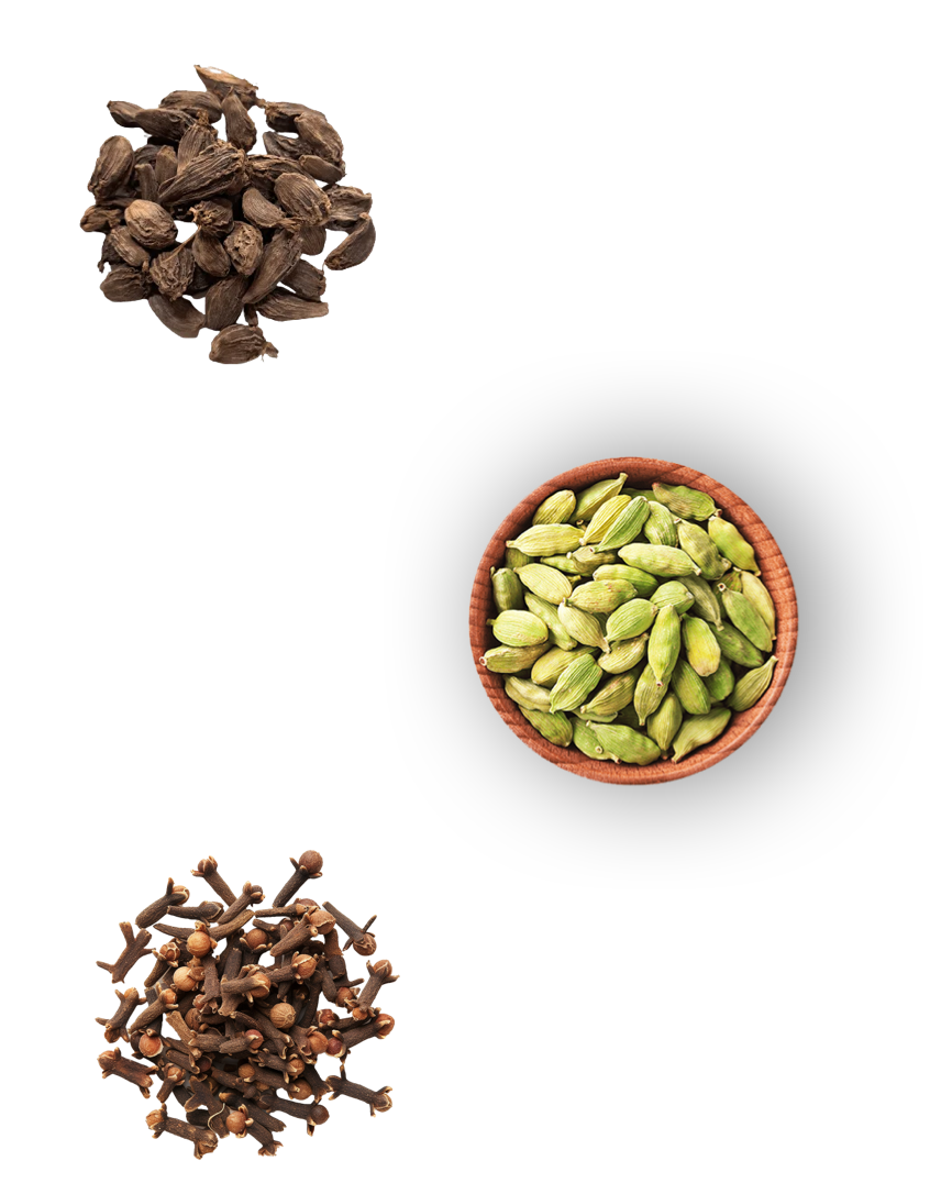 Black cardamom, green cardamom, and cloves